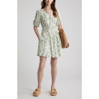 Treasure & Bond Print Puff Sleeve Minidress in Ivory- Blue Lilibet Floral at Nordstrom, Size Xx-Small