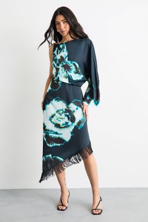 Warehouse Womens Placement Print One Shoulder Satin Midi Dress - Floral - Size 12 UK