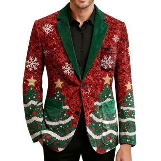 Generic Mens Ugly Christmas Blazer, Xmas Corduroy Jacket Novelty Christmas Tree Print Coat Mens Slim Fit Lapel Suit Jacket Vintage Tuxedo Holiday Party Costum