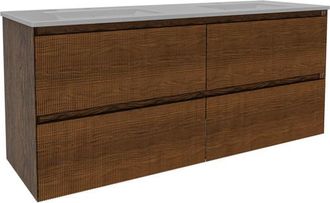Saniclass Holz Atelier Badkamermeubelset - 140x45x60cm - keramische wastafel wit - 2 wasbakken - 2 kraangaten - 4 lades - Walnut pure