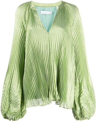 SIMKHAI silk-blend V-neck pleated top - women - Silk/Polyester - S - Green