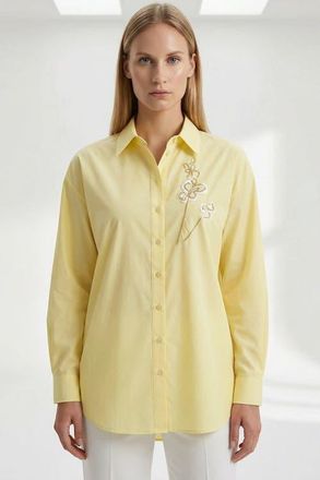 Exquise Bernetta Shirt Collar Long Sleeve Embroidered Shirt in Yellow at Nordstrom, Size X-Large