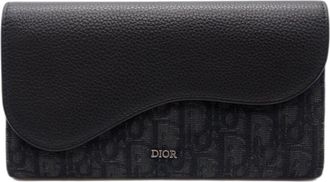 Dior Black Gray Leather Canvas Long Wallet (Bi-Fold) (Pre-Owned)