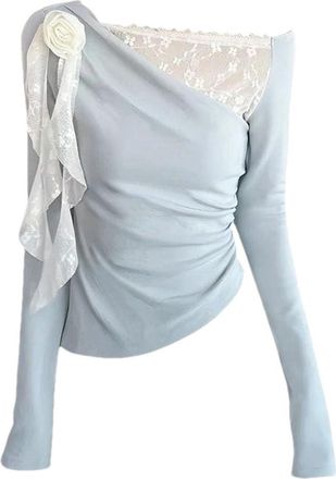 Generic Womens Blue Shirts Hollowing Out Patchwork Blouses Retro Temperament Long Sleeve Slash Neck Shirt Clothes Sky Blue L