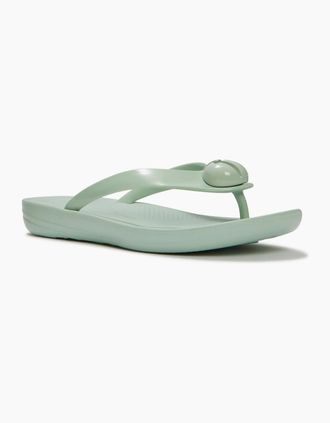 FitFlop Womens Fitflop iQushion Glossy-Button Polyurethane Womens Mint Whisper Flip Flops - Green - Size: 7