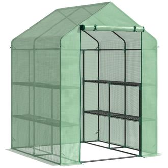 OUTSUNNY Invernadero Exterior De Dos Niveles Con Cuatro Estantes, Puerta Enrollable, Estructura De Acero Y Cubierta De Polietileno De 140 G/m&sup2; Para El Cultivo 
