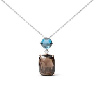House of Brilliance 18K Rose and White Gold Diamond Accent and London Blue Topaz and Cushion Cut Smoky Quartz Gemstone Dangle Drop 18 Necklace