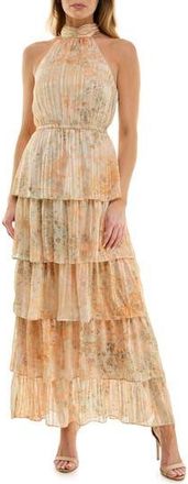 Socialite Pliss&eacute; Tiered Maxi Halter Dress in Sage/Peach at Nordstrom Rack, Size X-Large