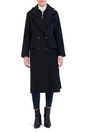 Rebecca Minkoff Double Breasted Longline Coat with Jersey Hooded Bib in Black/Black at Nordstrom Rack, Size X-Small