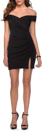 La Femme Off the Shoulder Black Party Dress with Ruching at Nordstrom, Size 00