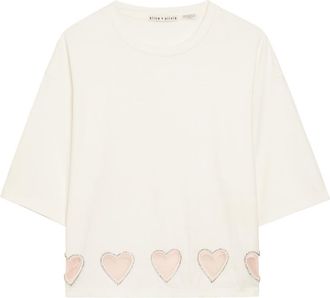 Alice & Olivia Evan Heart Embellished Cropped Cotton T-shirt - White - S (UK8-10 / S)
