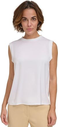 DKNY Dkny Tank Top Womens White Satin Rib-Trim Crew Neck Sleeveless Pullover FTS1332