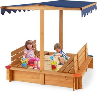 Costway Costway - Arenero Infantil De Madera Con Toldo, Caja De Arena De Madera Para Ni&ntilde;os Con 2 Bancos De Asiento Convertibles, Esquinas Protectoras, Dise&ntilde;o 