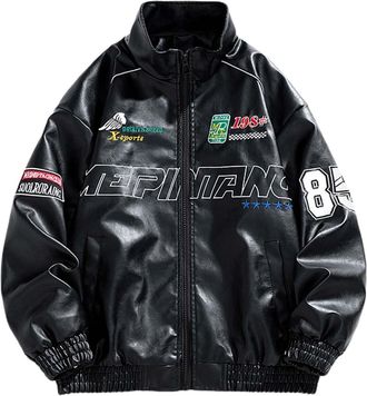 Generic Fashion Coat Stand-Up Collar Casual Foreign Trade Spring And New Embroidered Loose Mens Motorcycle Leather Jacket Outdoor Jackets For Men, black, M