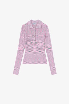 Ganni Polo Shirt in Spacedyed Knit - Size XXS Pink