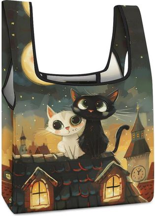 Generic 2 Love Cats Sitting on Roof in Old Town Shopping Bag Reusable Grocery Tote Bag Foldable Handbag for Travel Picnic