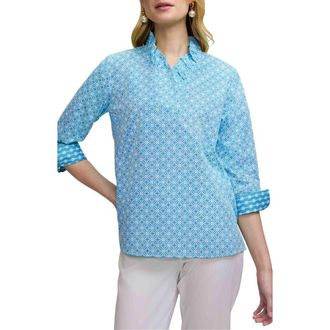 Foxcroft Tammy Geo Lattice Print Ruffle Collar Top in Blue/White at Nordstrom, Size X-Large