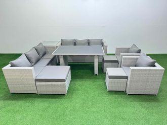 Fimous 11 Seater Outdoor Dining Table 3 Seater Sofa Set with Side Table in Light Grey