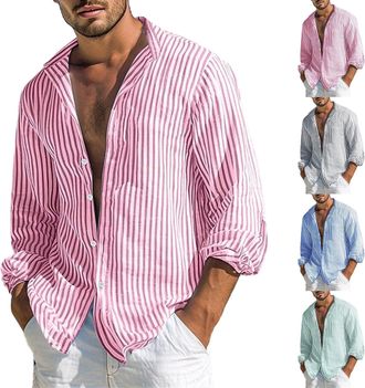 Generic Mens Holiday Shirts Long Sleeve Vertical Stripes Shirt Men Non Iron Button Down Shirt Long Sleeve Oxford Shirts Regular Fit Work Tops Comfortable Fit 
