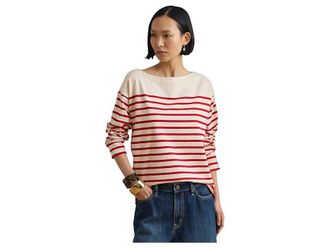 Lauren Ralph Lauren Striped Jersey Boatneck Top Womens Clothing Mascarpone Cream/Cruise Red : LG, Cotton