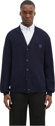Maison Kitsun&eacute; Bold Fox Head Ribbed Cardigan - Heren - Vesten - Blauw - XL - Wol - Truien & Vesten