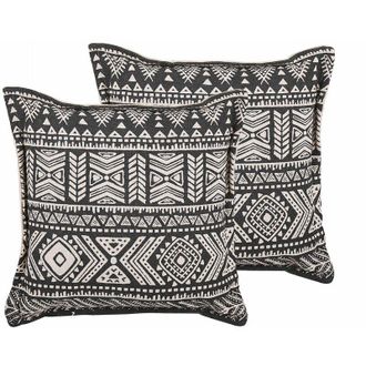 Beliani Conjunto De 2 Cojines Funda De Algod&oacute;n Negro Y Beige Con Relleno 45 X 45 Cm Decoraci&oacute;n Boho Sirvan