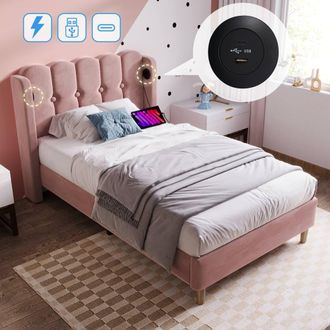 Matteo Pink Velvet Upholstered Single Bed Frame with USB & Type-C Charging
