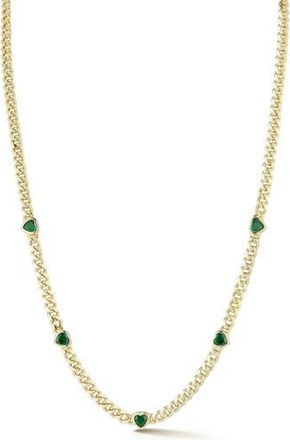 Sphera Milano Cubic Zirconia Heart Station Curb Chain Necklace in Gold/green at Nordstrom Rack