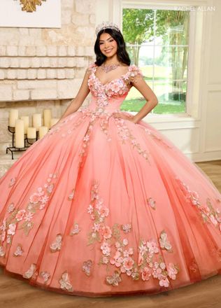 Rachel Allan Floral Applique Ball Gown In Coral