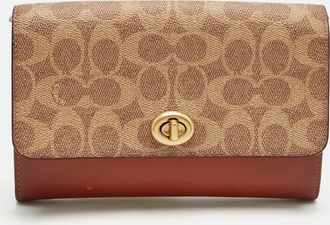 Coach Brown/beige Signature Coated Canvas And Leather Marlow Clutch Bag