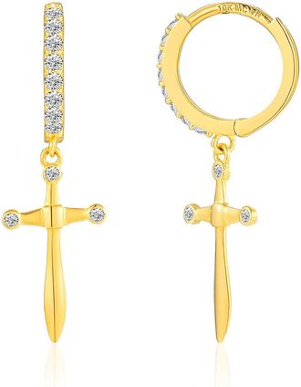 MAX + STONE 10K Yellow Gold Cubic Zirconia Huggie Earrings with Cross Dangle