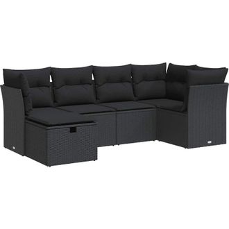 vidaXL Set De Sof&aacute;s De Jard&iacute;n 6 Piezas Y Cojines Rat&aacute;n Sint&eacute;tico Negro