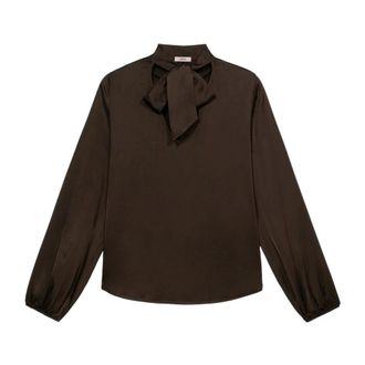 Oltre Overhemden, Dames, Bruin, S, Satijn, Satijnen Blouse met Strik in de Hals
