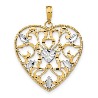Diamond2Deal 14k Yellow Gold Rhodium Filigree Leaf Accent Heart Charm