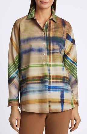 Foxcroft Delia Painterly Stripe Cotton Button-Up Shirt in Blue Multi at Nordstrom Rack, Size Medium