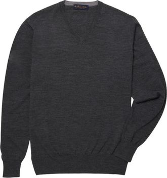 Brooks Brothers Merino wollen V-hals trui - Heren - V-hals truien - Grijs - M - Wol - Truien & Vesten