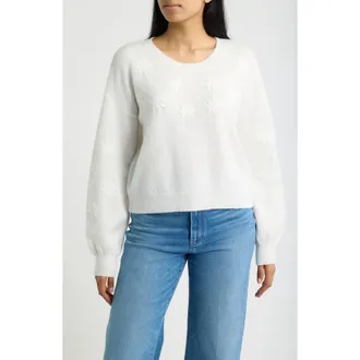 Bobeau Embroidered Floral Sweater in White at Nordstrom, Size X-Large