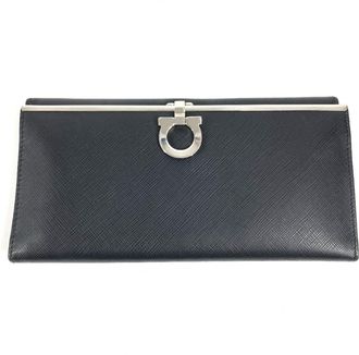 Ferragamo Silver Black Leather Long Wallet (Bi-Fold) (Pre-Owned)