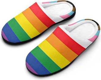 Generic Rainbow Stipe LGBTQ Flag Mens House Slippers Memory Foam Washable Cotton Slip on Home Shoes
