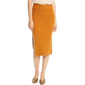 Rodebjer Side Slit Rib Knit Merino Wool Skirt in 3513 Sharp Orange at Nordstrom, Size Medium