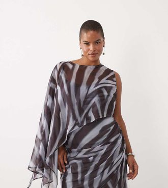 Asos Curve ASOS DESIGN Curve vestito maxi asimmetrico con una manica e maniche a pipistrello drappeggiate con stampa zebrata astratta-Multicolore