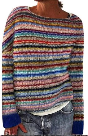 Generic Womens Knitted Print Retro Sweater,Colorful Crewneck Long Sleeve Argyle Striped Pullover Warm Sweater, Christmas Retro Sweaters for Women (F,XL)