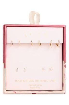 Leith Set of 5 Cubic Zirconia Stud & Huggie Hoop Earrings in Clear- Gold at Nordstrom Rack