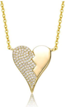 Rachel Glauber 14k Yellow Gold Plated with Cubic Zirconia Broken Cracked Zig-Zag Half & Half Stolen Heart Pendant Necklace