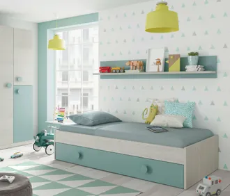 Dmora Estructura De Cama Con Segunda Cama Extra&iacute;ble Con Cajonera Y Balda A Juego, Efecto Madera Clara Color Blanco Y Verde Agua, 199 X 65 X 95 Cm., Con Emba