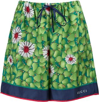 Gucci Green Flower Printed Silk Womens Shorts
