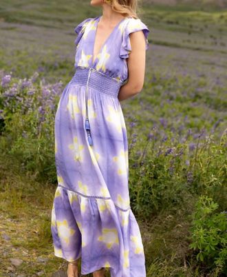 Oliphant Smocked Waist Flirty V-Neck Dress In Peri Mela