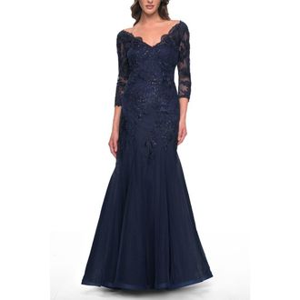 La Femme Mermaid Tulle and Lace Dress with Scallop Detailed Neckline in Navy at Nordstrom, Size 12