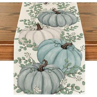 OEM Camino De Mesa Oto&ntilde;al De Eucalipto Con Calabazas Azules, Decoraci&oacute;n De Temporada Para La Mesa De La Cocina, 33 X 183 Cm