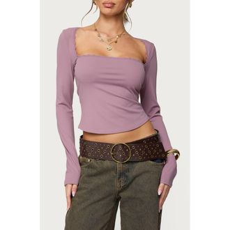 Edikted Polley Lace Trim Open Back Knit Top in Mauve at Nordstrom, Size X-Small